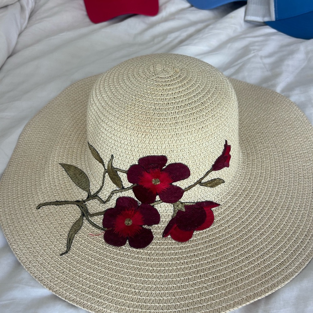 Tan Woven Sun Hat with Red Floral Embroidery